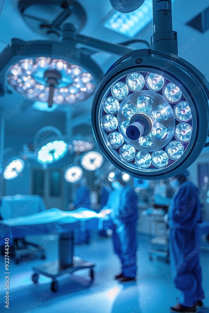 Wall mural Bright lights illuminate a surgical operating room. AI.