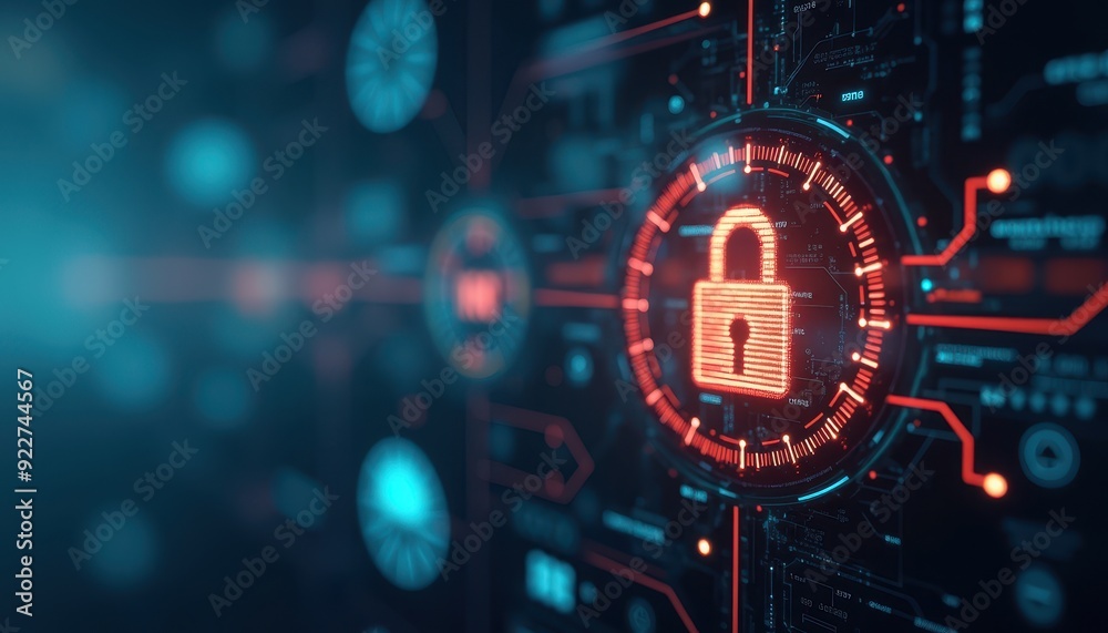 Wall mural digital security concept with a padlock icon on a futuristic interface.