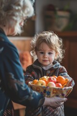 Fototapeta premium A young child gives a basket of fruit to an older person. AI.