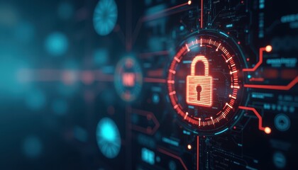 Digital security concept with a padlock icon on a futuristic interface.