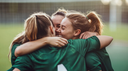 A group of female soccer players, wearing green uniforms, hugging and celebrating on a soccer field after a win.