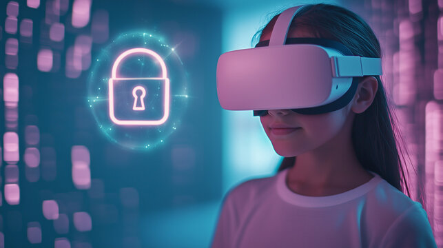 A young girl wearing VR goggles explores a neon-lit virtual world, where a glowing digital lock floats as a protective barrier, illuminating her face as she navigates safely, impor - Powered by Adobe
