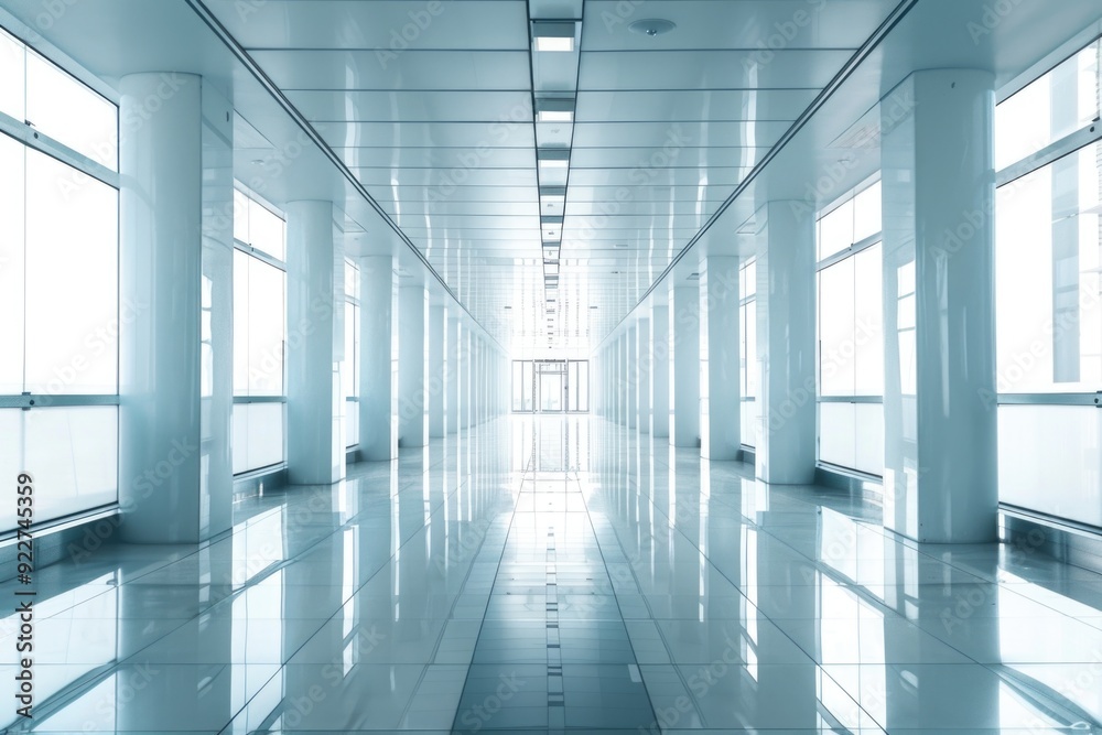 Poster A long hallway with numerous windows along its length, suitable for use as a background or in an architectural context