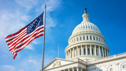 The American flag waves proudly in front of the iconic U.S. Capitol Building, with clear blue skies overhead, symbolizing democracy and governance amidst a backdrop of historic arc