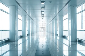 Fototapeta premium A long hallway with numerous windows along its length, suitable for use as a background or in an architectural context
