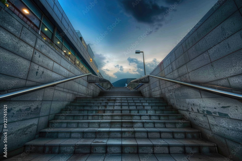 Poster stairs leading up to a modern building with a flat roof and windows