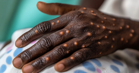 Monkeypox virus infection on a persons hand. Generative ai image