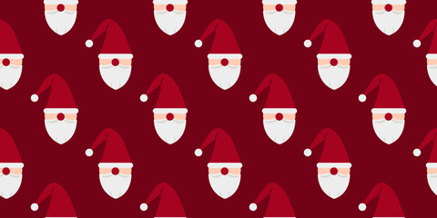 Santa Claus Head Pattern. Portrait of man with beard in New Year fictional fairy-tale character costume. Christmas seamless print on red background. Holiday backdrop. Minimalism. Vector illustration