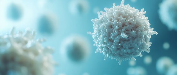 Close-Up View of White T Cells and B Cells Floating in the Body Against a Light Blue Background
