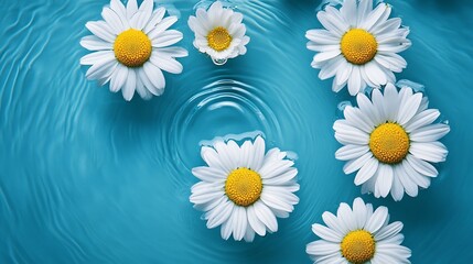 flowers on the water
White flowers and buds floating on the blue surface of the water with rings and ripples, splashes and bubbles. Spa and cosmetics background. Summer minimal nature concept 