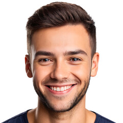 Fototapeta premium A close-up photo of a confident, smiling male looking directly at the viewer. The image has a transparent background.