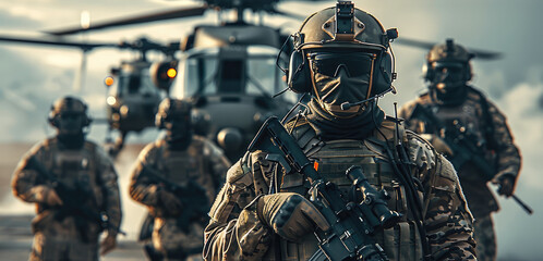 Special Forces fighters standing by helicopter at military base. Generative AI.