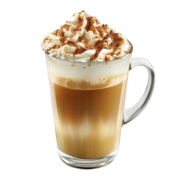 A glass of latte with whipped cream and cinnamon on top