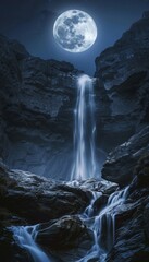 Stunning realistic capture of a full moonlit waterfall scene in a breathtaking photo