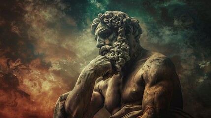 Majestic ancient roman god in contemplation against a striking backdrop, exuding power and wisdom