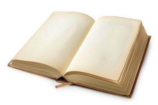 A single open book lying on a clean white surface, ideal for academic or creative uses
