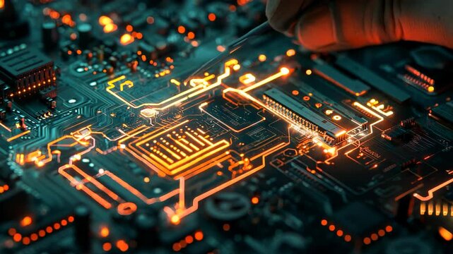 Close-up of Glowing Circuit Board with Hand Soldering in Futuristic Technology Workshop