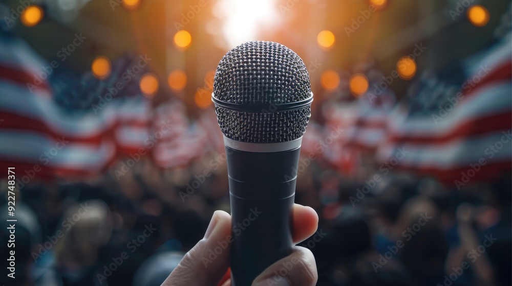 Poster against a backdrop of american flags, a hand holds a microphone. generative ai.