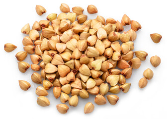 Hulled kernels of buckwheat cereal isolated on white background.