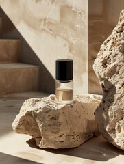 Perfume Bottle.Trending concept natural cosmetic with eucalyptus leaves shadow. Beauty concept for face,