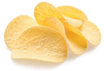 Delicious potato chips close up isolated on white background.