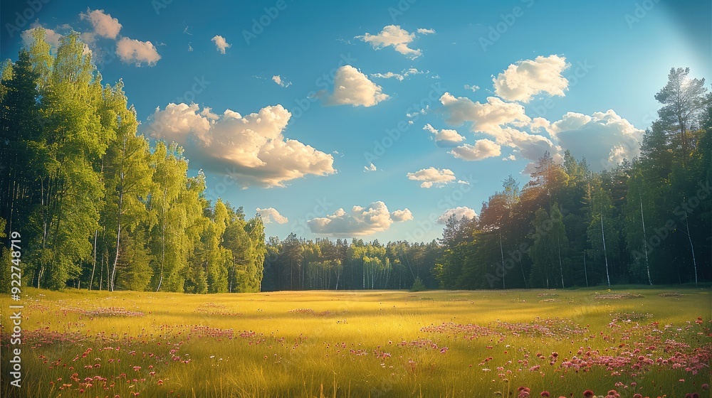 Poster mixed deciduous and coniferous forest growing near the grass on the field, summer landscape, show mo