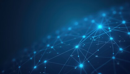 Obraz premium Abstract blue digital network with interconnected nodes and lines glowing against a dark background.