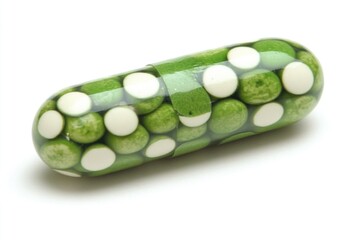 Close-Up of Green and White Capsule Pill with Circular Patterns for Medical and Pharmaceutical Use