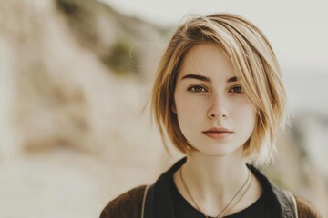 Fototapeta premium Portrait of a Young Woman Outdoors with Short Blonde Hair and Contemplative Expression