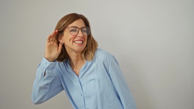 Woman with blonde hair wearing glasses standing and listening to gossip with hand over ear – hearing about rumors and deafness over isolated white background, young and curious