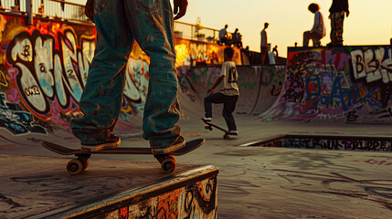 A gritty urban skatepark scene featuring skaters in baggy jeans and graffiti-covered ramps during sunset.