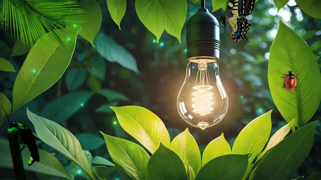 Seamless looping 4k time-lapse video background of a glowing light bulb amidst large green leaves and insects in a dense forest symbolizing renewable energy. Eco-friendly concept. Seamless looping tim