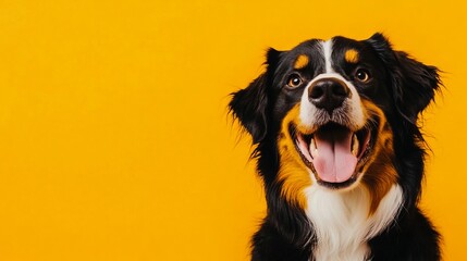Happy Bernese Mountain Dog on Yellow Background