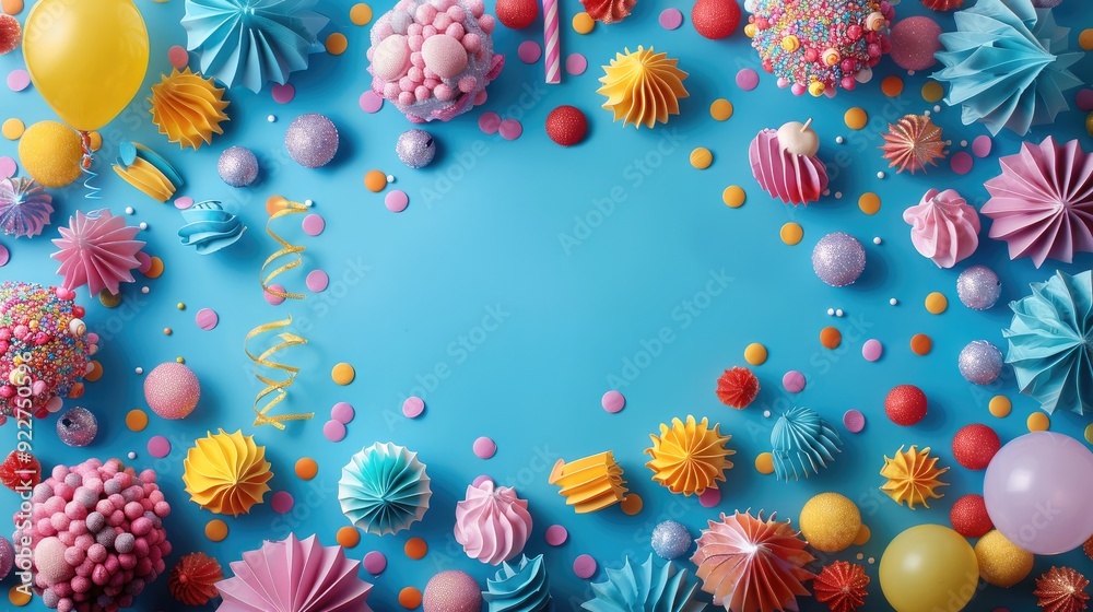 Poster A vibrant of colorful party supplies arranged in a festive frame on a bright blue background. Generative AI.