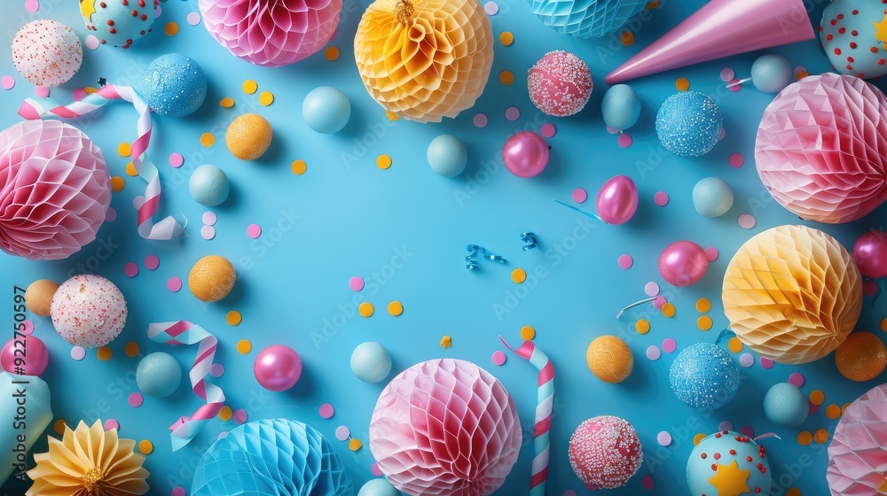 Poster A vibrant of colorful party supplies arranged in a festive frame on a bright blue background. Generative AI.