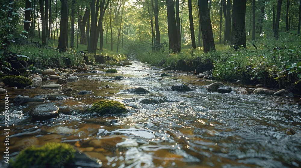 Poster A stream in a forest. Generative AI.