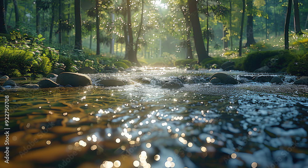 Poster A stream in a forest. Generative AI.