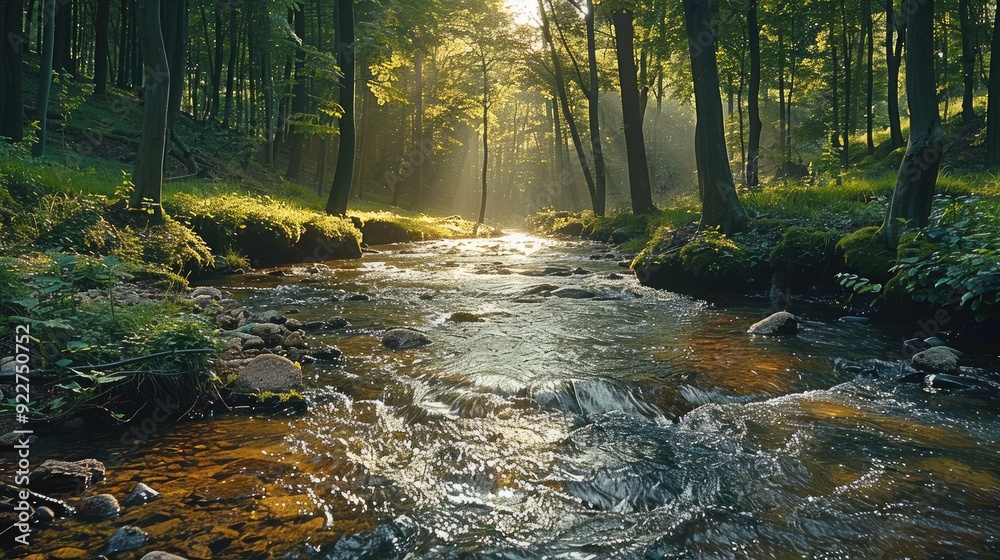 Poster A stream in a forest. Generative AI.