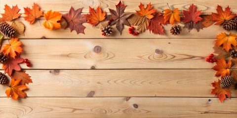 autumn leaves border on light wooden background with copy space, Thanksgiving, Harvest Festival
