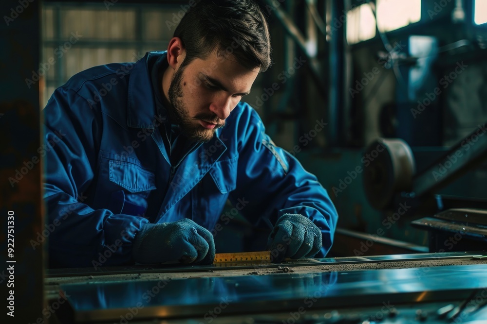 Poster a person repairing or modifying a metal object, possibly in a workshop setting
