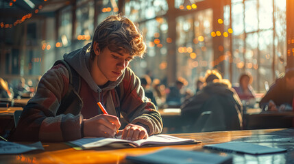 Obraz premium A young man is writing in a notebook in a library. The scene is quiet and peaceful, with other people sitting at tables around him. The man seems focused on his work