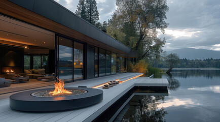 Modern lakeside home floating terrace with fire pit. Generative AI.