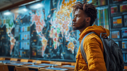 Obraz premium A man wearing a yellow jacket and backpack stands in front of a large world map. He looks at the map with a curious expression on his face
