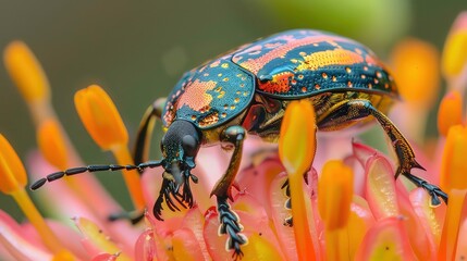 A colorful beetle with black legs and a orange and yellow body with black dots, crawling on a yellow and orange flower.