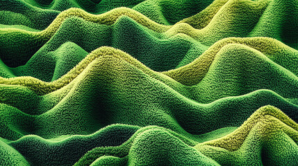 Abstract green velvety texture forming rhythmic waves, evoking a sense of natural undulation and softness with a vibrant, textured surface.