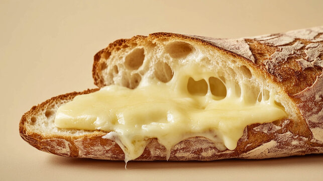 Delicious homemade bread with melted cheese on a light beige background