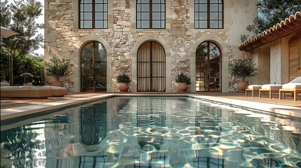 A reflecting pool in front of an old beige stone house with arched double windows at the top: the pool is surrounded by a wooden. Generative AI.