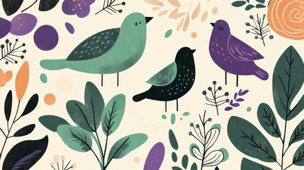 An artistic illustration of three birds in different shades of green and purple, surrounded by leaves and abstract floral designs.