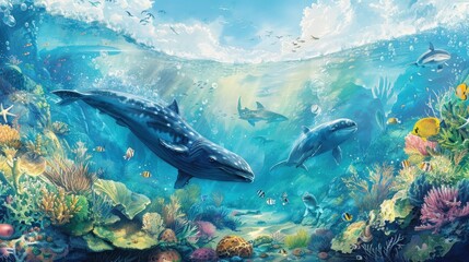 Naklejka premium Craft a watercolor backdrop showcasing a sea life border, set in an outdoor aquarium environment