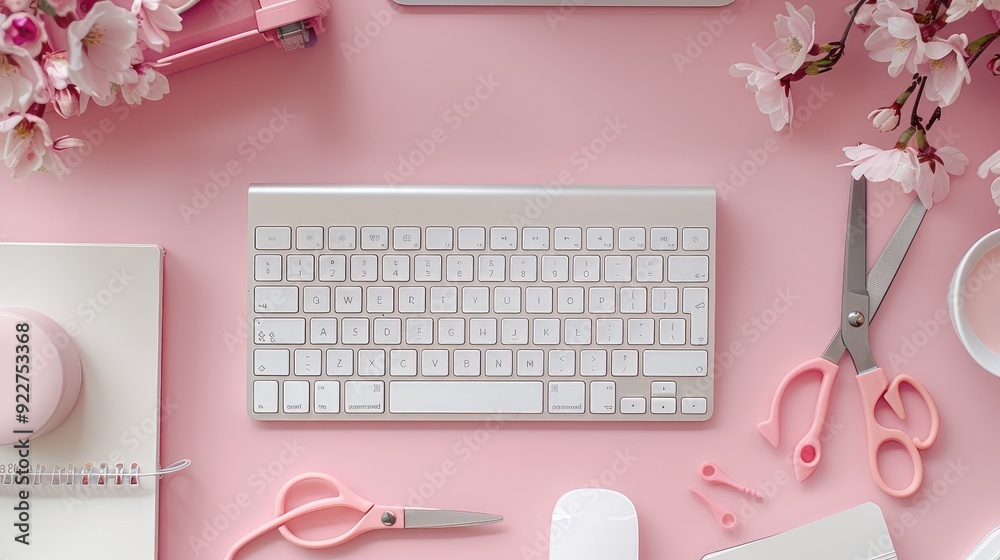 Poster A light pink desk with a notebook, a white computer keyboard next to the spiral notebook, a pair of scissors beside the notepad. top view. Generative AI.